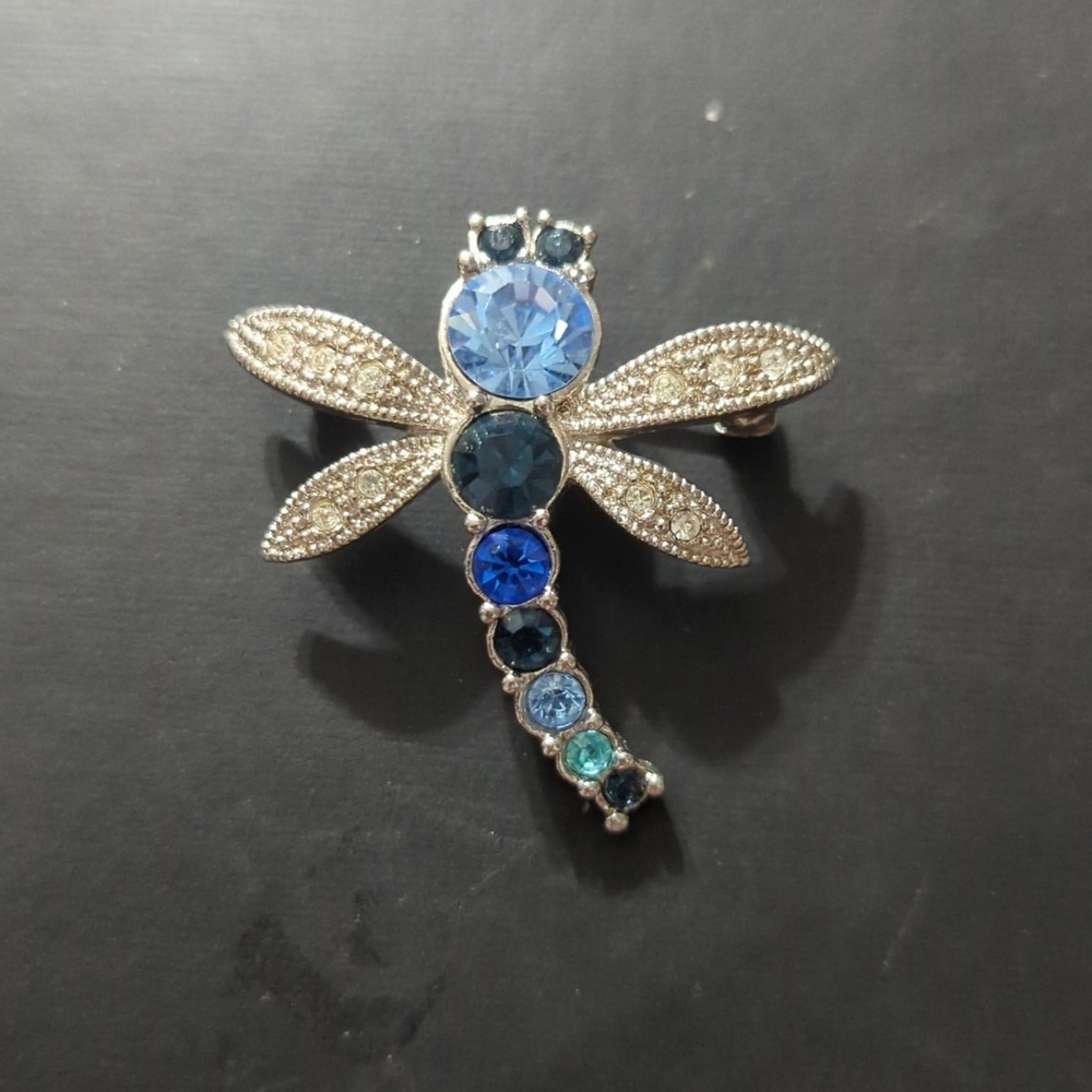 Silver Tone Blue and Clear Rhinestone Dragonfly Statement Brooch Pin